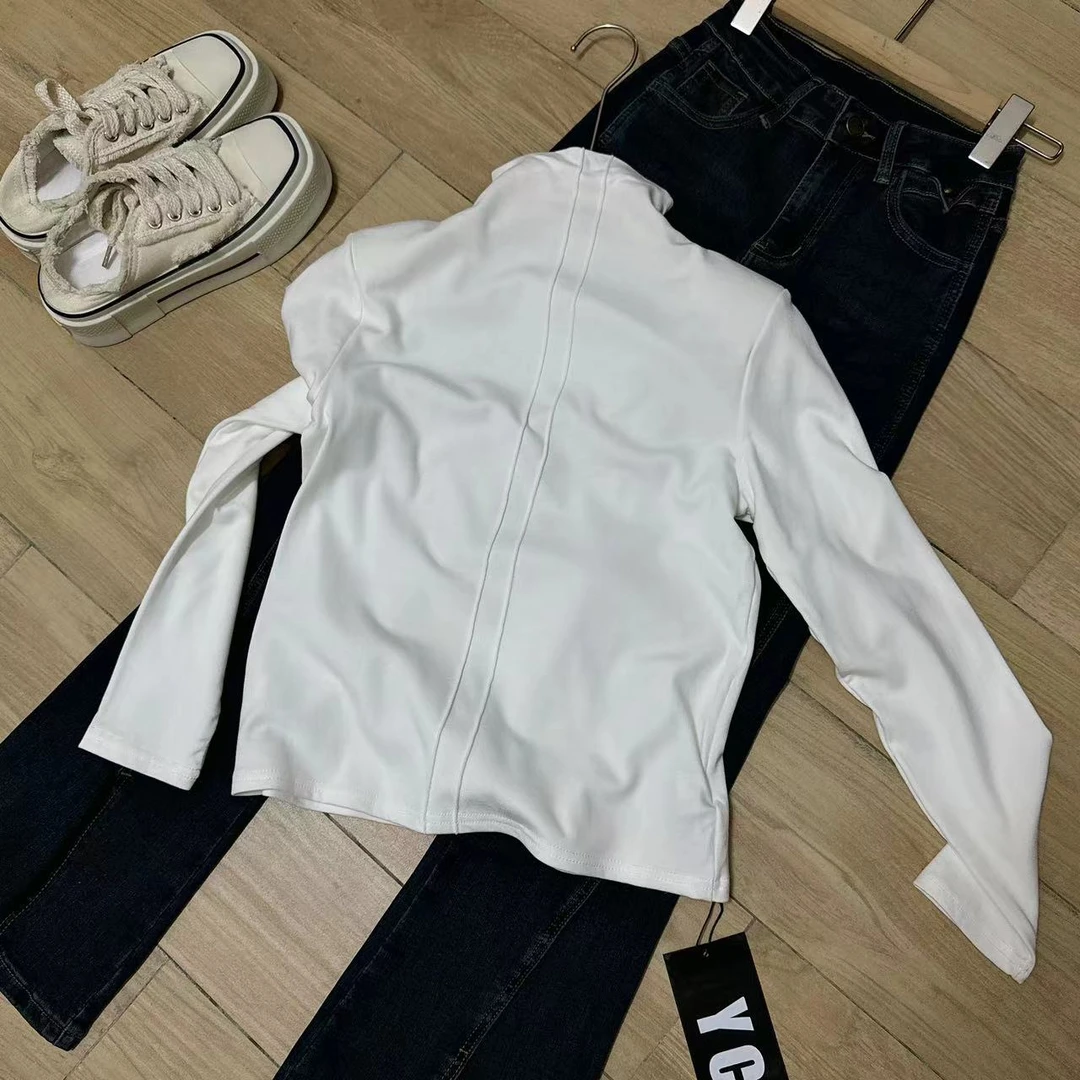 W1847-时尚长袖半高领压明线上衣