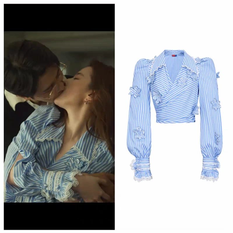 玫瑰的故事刘亦非黄亦玫同款衣服蓝白条纹蕾丝衬衫长袖短款上衣女
