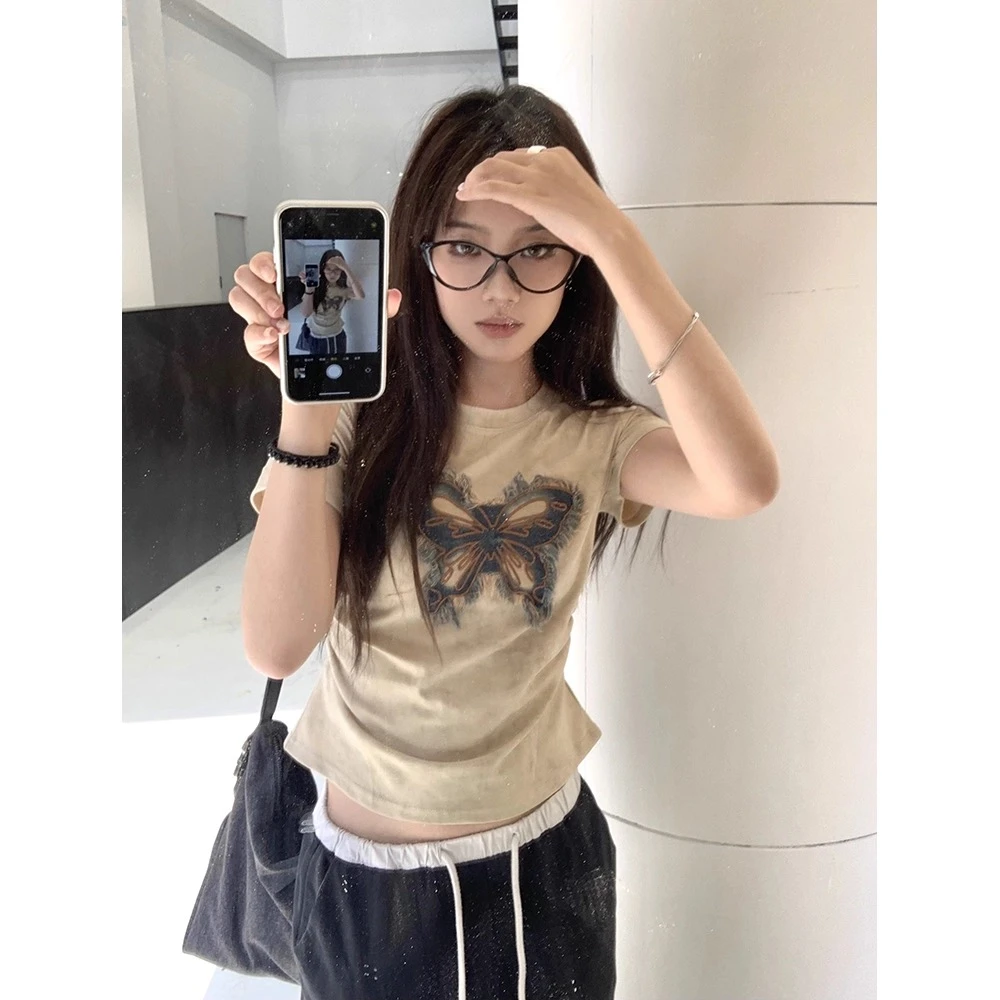 扎染蝴蝶结贴布毛边刺绣短袖T恤女夏季新款设计感时尚显瘦上衣潮