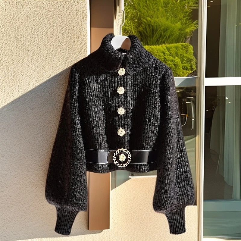 culv黑色开衫毛衣女冬季新款轻奢加厚保暖针织衫上衣小香风外套女
