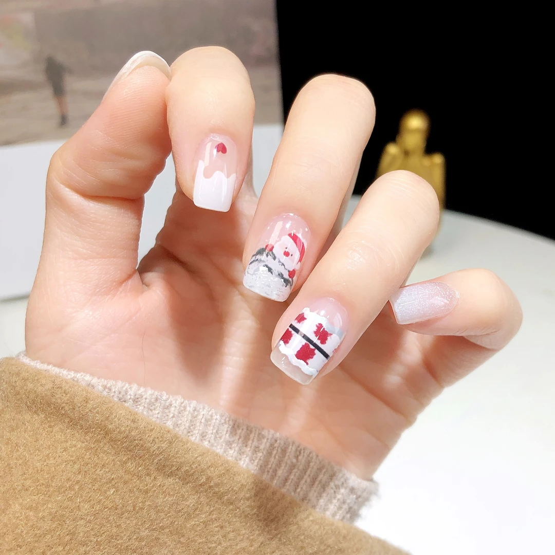 【20指-JM028圣诞雪人】加固型半固化凝胶甲贴照灯变硬持久牢固30天