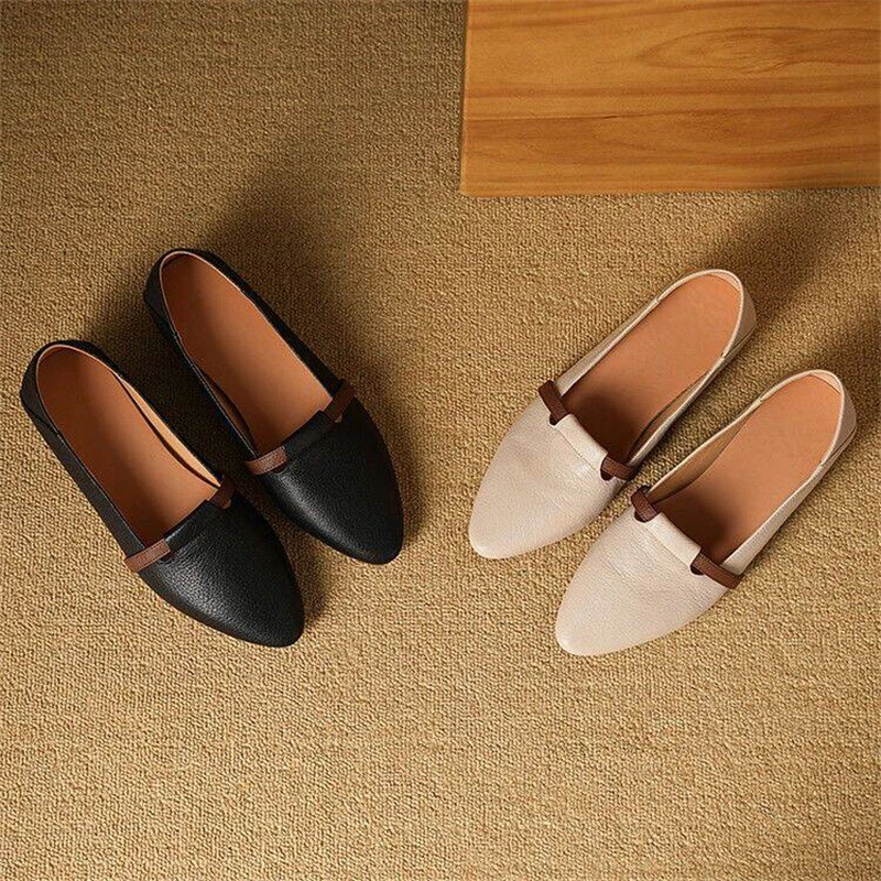 舒适休闲鞋女百搭防滑软皮单鞋浅口真皮工作鞋尖头软底轻便豆豆鞋
