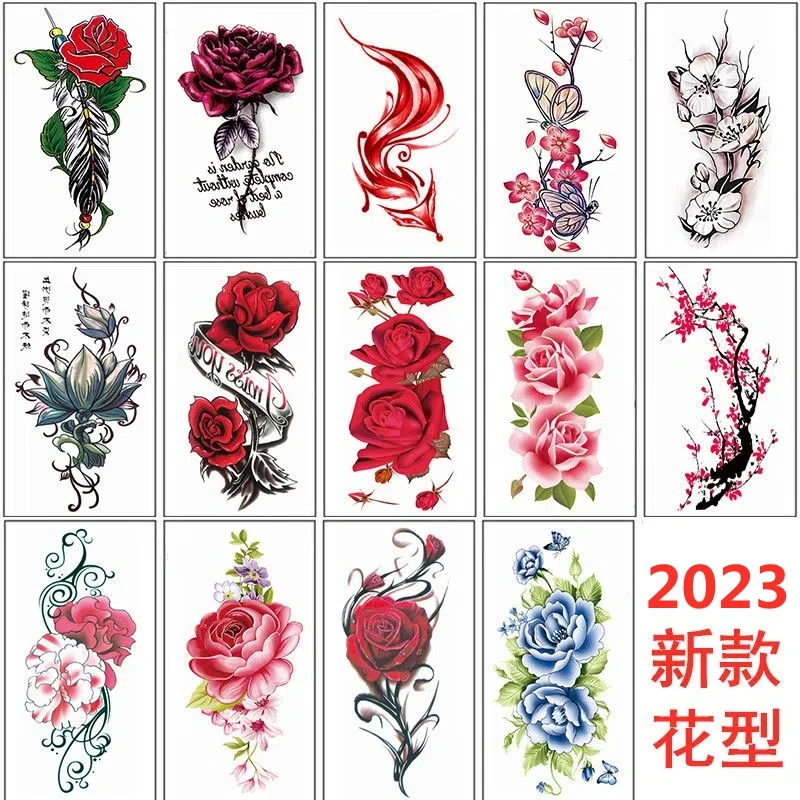 2023新款玫瑰花纹身贴纸女腿部性感胸部剖腹产防水持久逼真遮疤贴