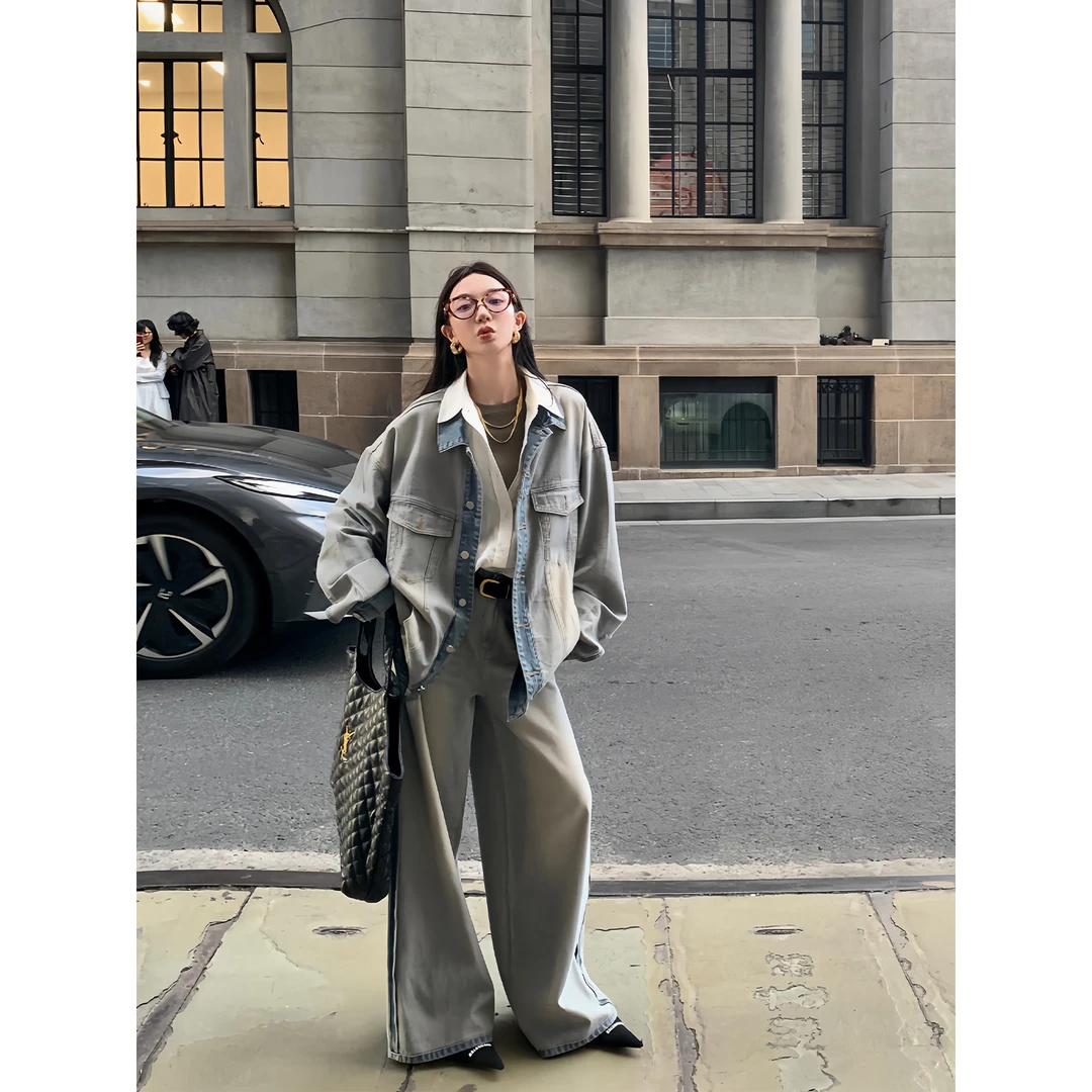 区区欧阳水洗牛仔外套女秋季宽松复古夹克设计感小众休闲上衣