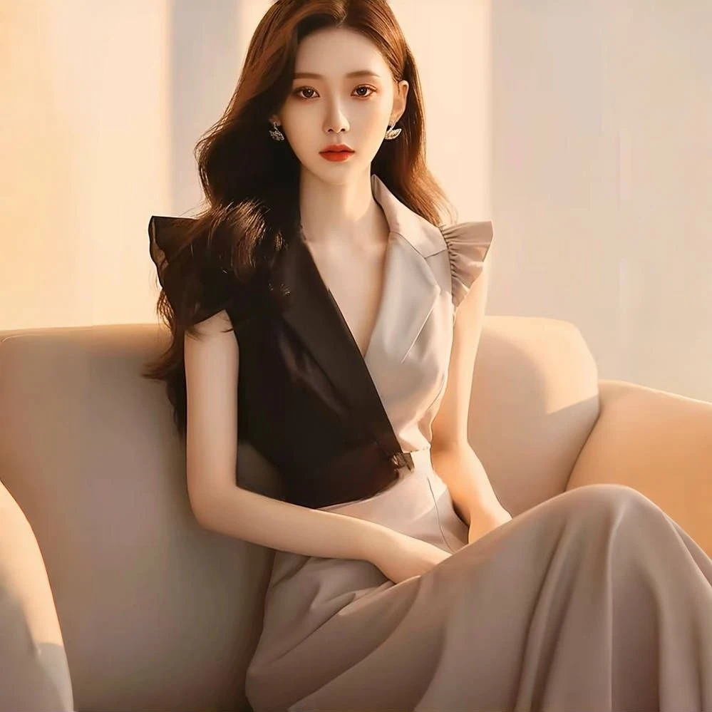 夏季新款时尚女神范优雅高级感减龄气质精致撞色无袖收腰连衣裙女