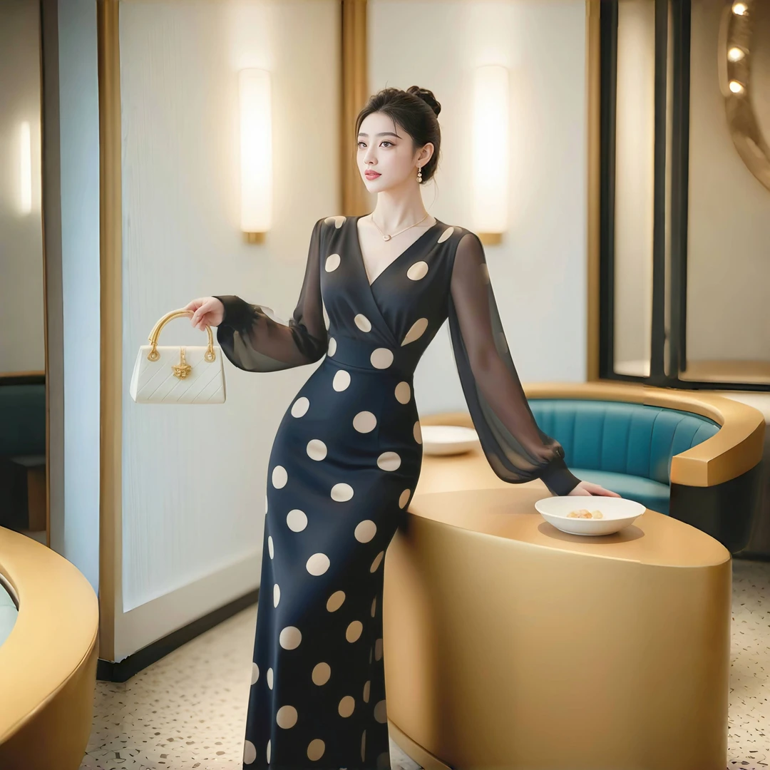 入秋新款时尚减龄爆款洋气轻奢气质高级感时髦黑色波点长袖连衣裙
