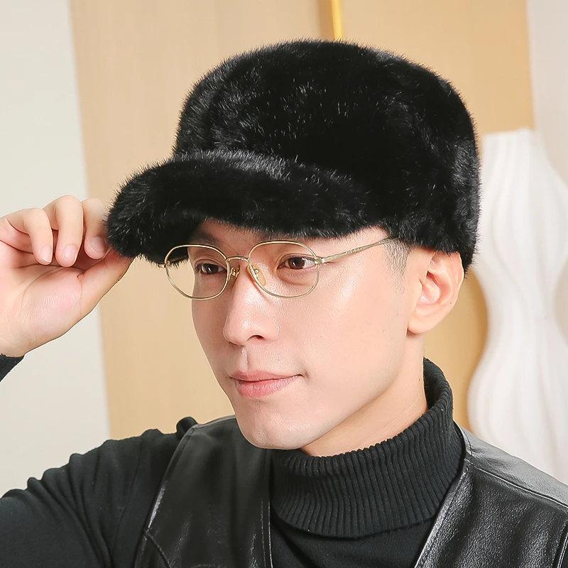 冬季中老年帽子男仿水貂毛皮草帽老头老年人护耳鸭舌帽中年平顶帽