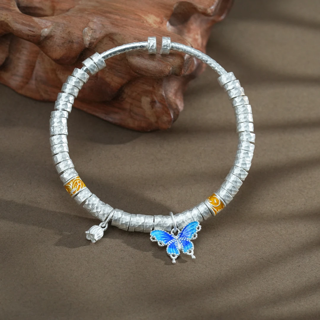 足银手镯 足银999.9新款古风盘缠珐琅蝴蝶手镯【克重约30克左右】