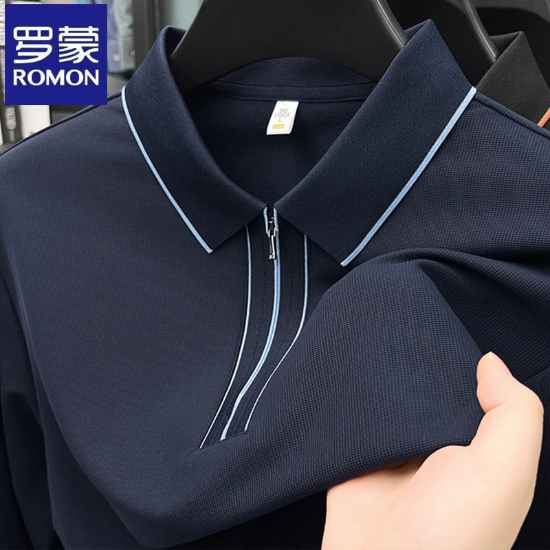 罗蒙翻领长袖T恤衫春秋季中年宽松百搭Polo衫休闲男士商务体恤衫