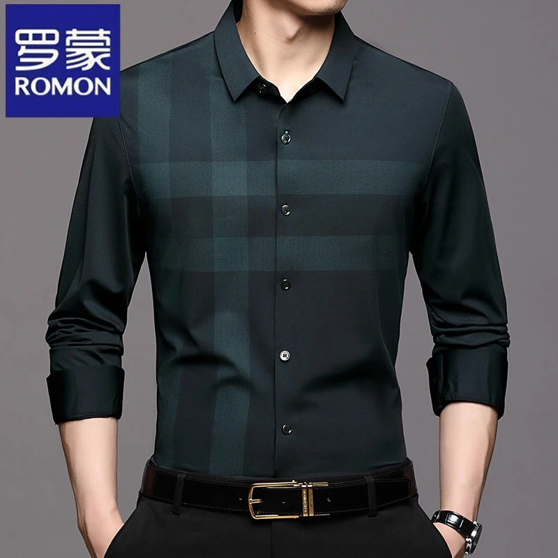 罗蒙春秋季商务衬衫男士长袖休闲寸衫加厚保暖上衣百搭爸爸衬衣潮