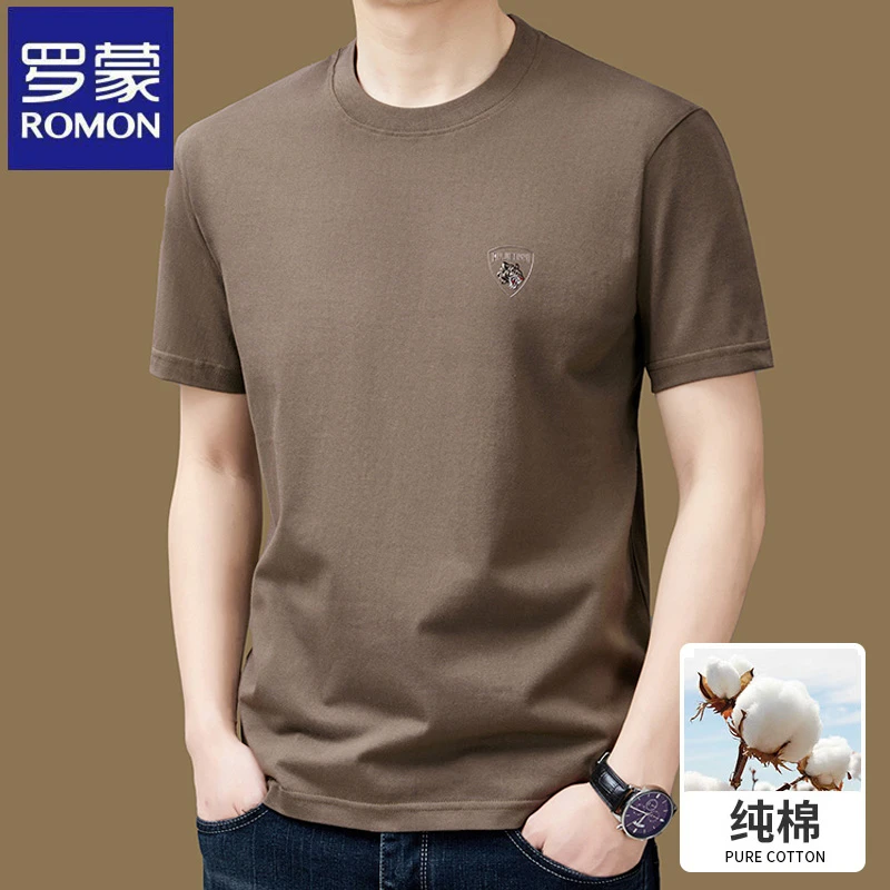 罗蒙100%全棉短袖t恤男士夏季薄款圆领上衣潮流印花半袖体恤小衫