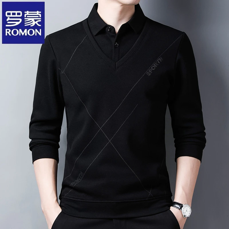 罗蒙高档秋冬季男士假两件长袖百搭针织衫休闲时尚毛衣韩版上衣潮