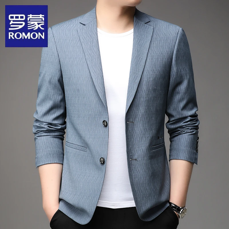 罗蒙春秋季新款男士时尚西装高档休闲西服商务纯色外套百搭上衣潮