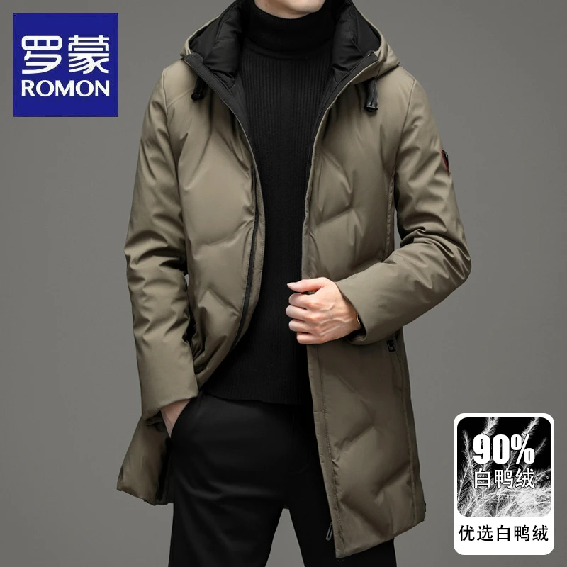 罗蒙羽绒服男士中长款2024年新款冬季连帽加厚保暖白鸭绒商务外套