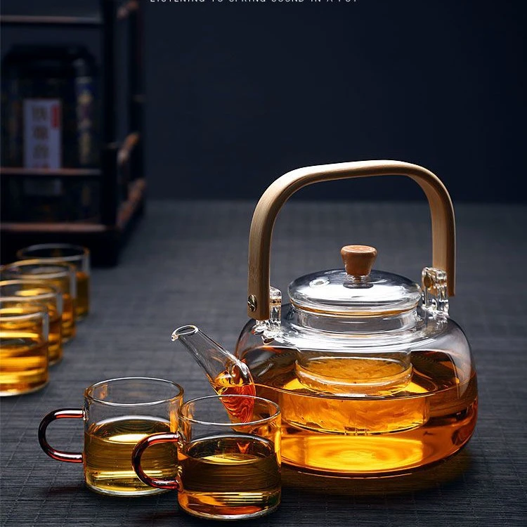 大容量耐热玻璃提梁壶加厚竹柄泡茶壶茶水分离煮茶器耐高温烧水壶