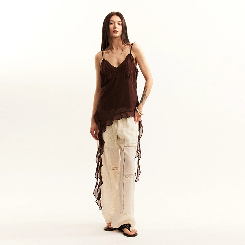 Gemini 买手店 NEANT 吊带玫瑰刺绣棕色雪纺花边背心女外穿高级感