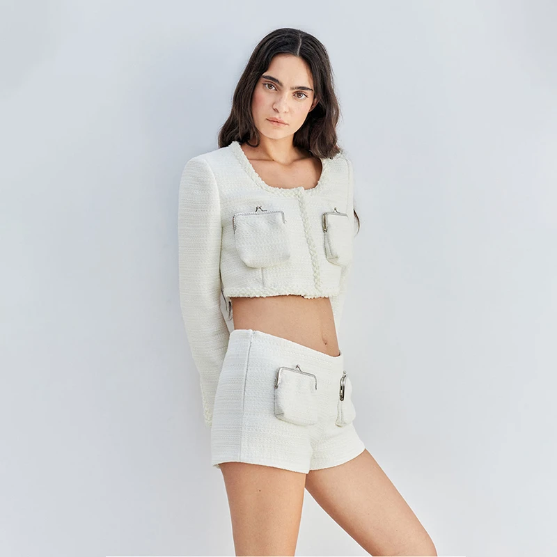 Boujee趣味口金包粗花呢短款外套短裤套装编织俏皮名媛秋冬小香风