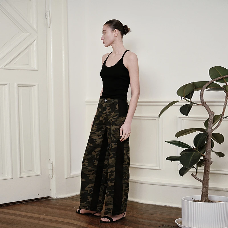 Gemini买手店tokokkino迷彩黑拼拼接刺绣直筒宽松休闲长裤女