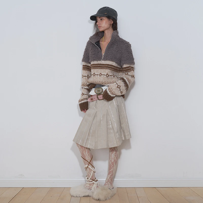 Gemini 买手店 MEDIUM WELL 卷毛拼接半开领毛衣女上衣小众高级感