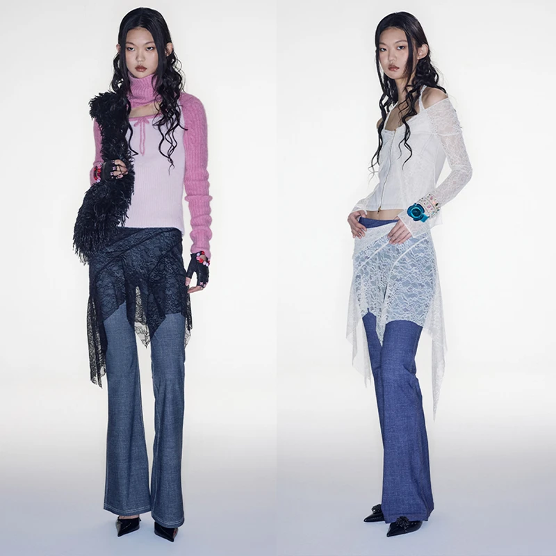 SultryVirgin  “Laced up jeans" 蕾丝拼接弹力牛仔喇 叭裤