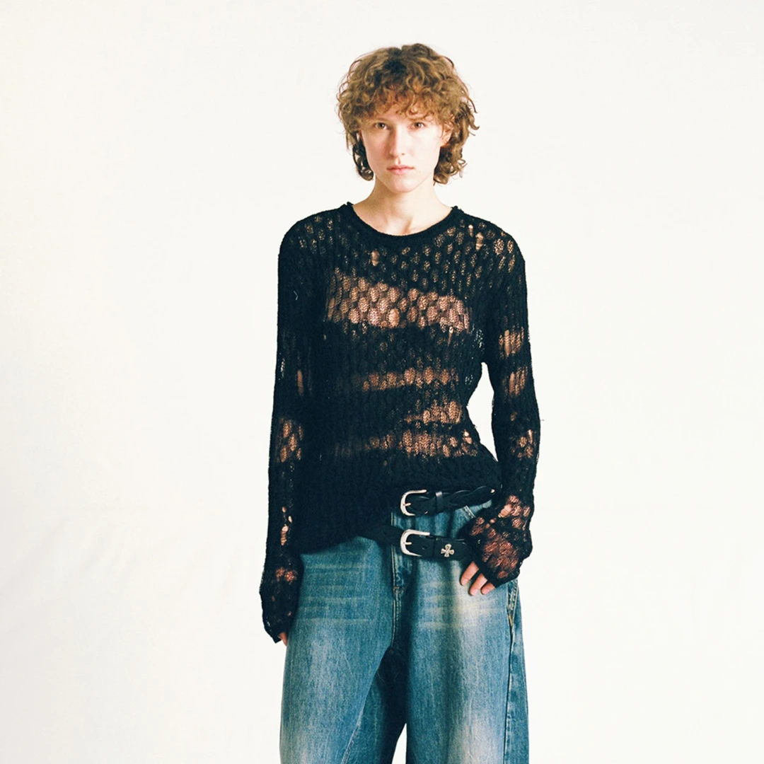 TRINITE*Black Stripe Sweater黑色不规则条纹镂空宽松针织上衣