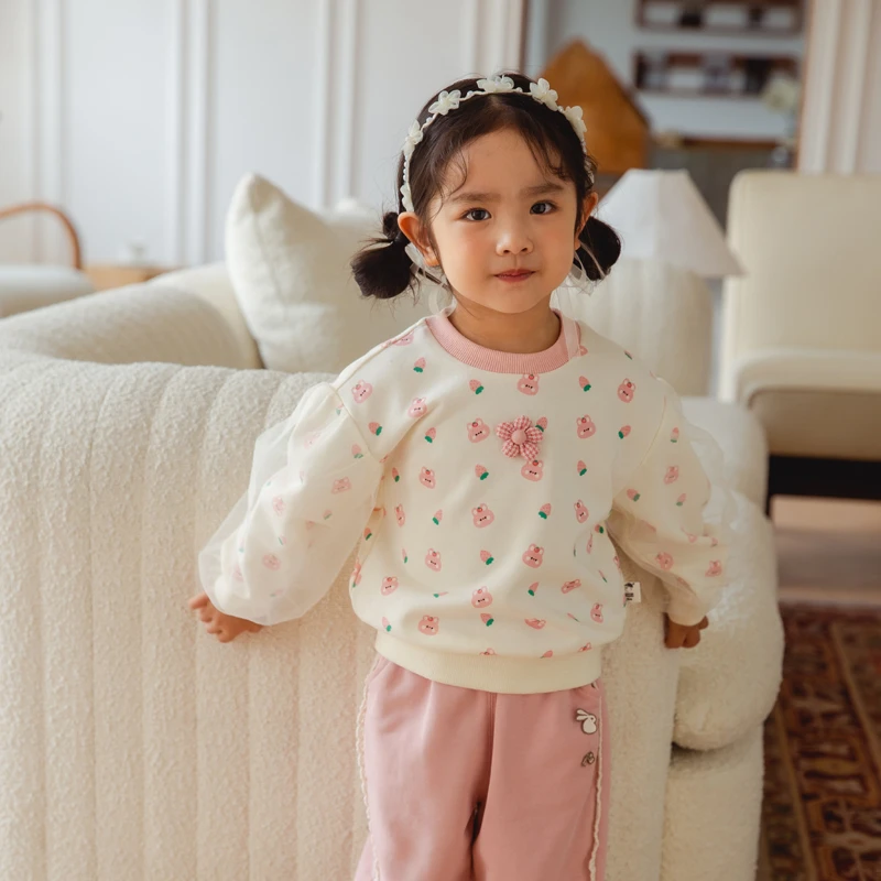 品牌女童网纱拼接公主卫衣泡泡袖草莓印花甜美可爱长袖XGE45712