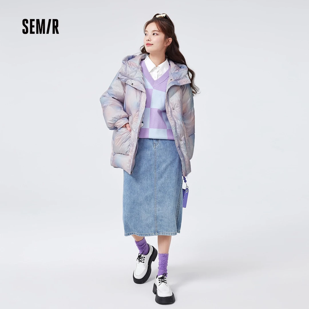 SMARTECH森马冬季女装超宽松蓬松连帽轻盈90绒中长款101722113006