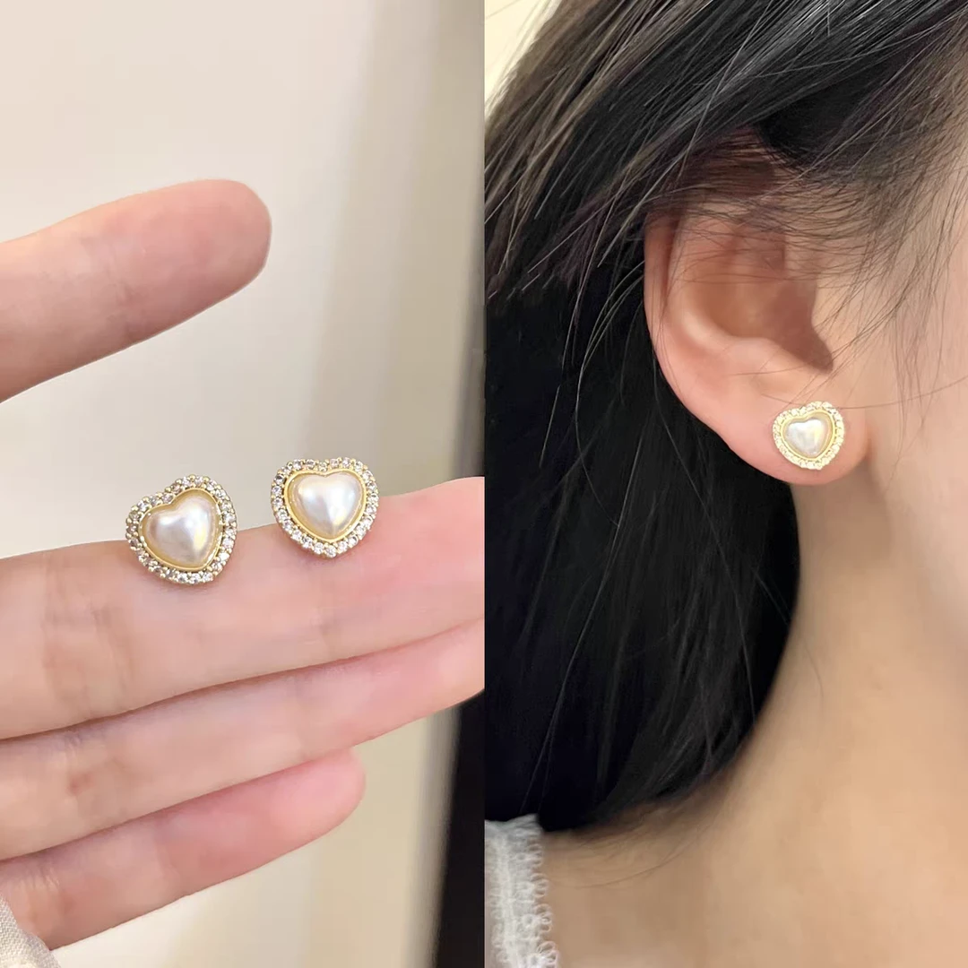 铜合金仿珍珠耳饰 3084经典百搭爱心耳钉