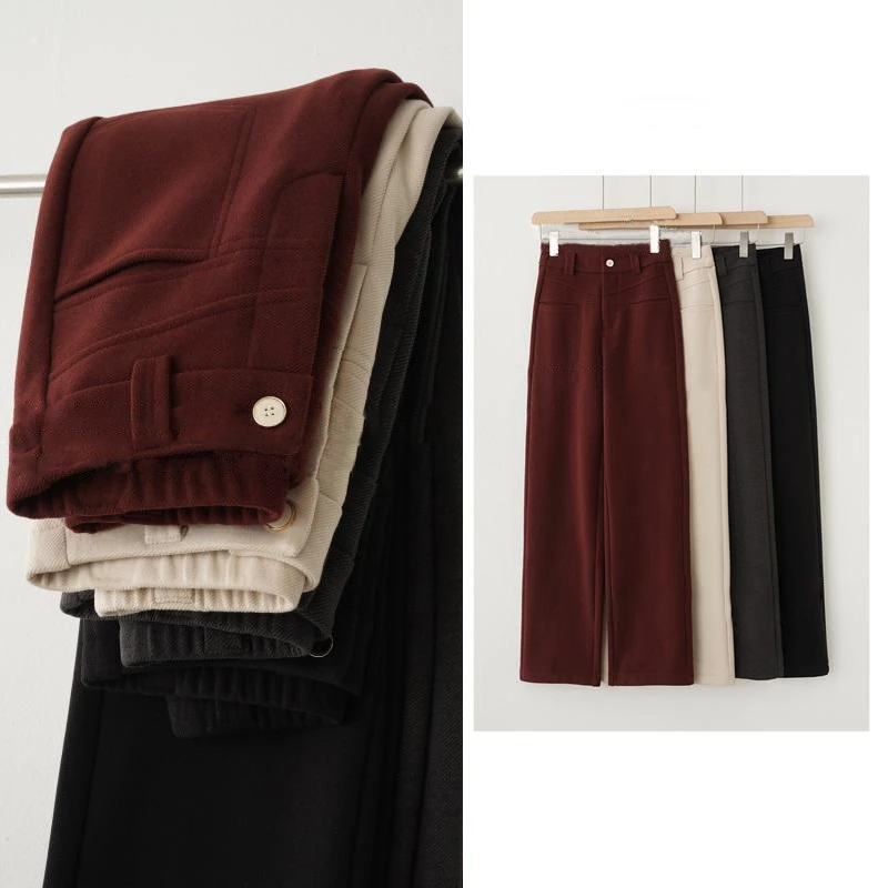 【秋冬新品】蚕丝 羊绒加厚高腰显瘦弹力窄版阔腿梧 桐裤休闲直筒裤
