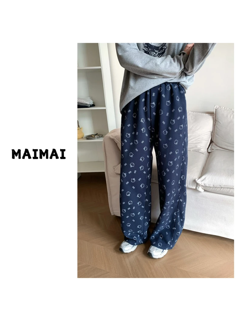 MAIMAI 【公主日记】满印小猫韩系宽松直筒裤