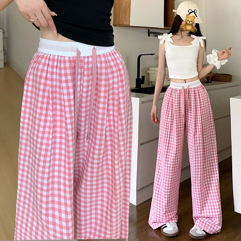 撞色格子山本裤女夏季2024新款ins风抽绳高腰宽松显瘦休闲阔腿裤