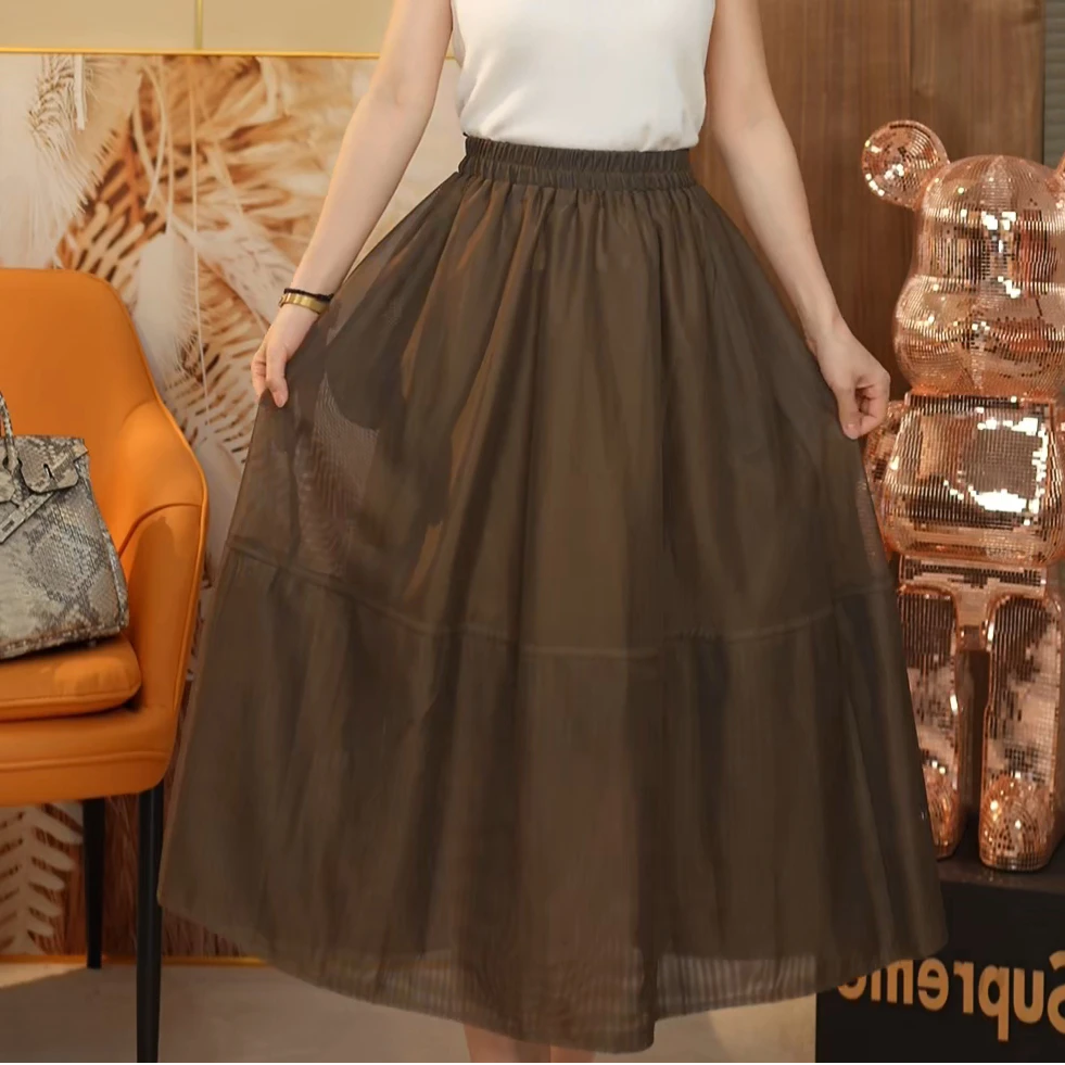 高腰中长款纯色显瘦半身裙2024夏季新款气质百搭纱裙Q102
