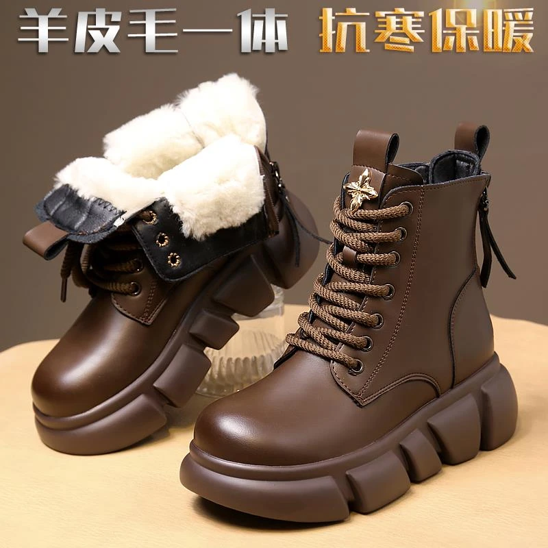皮毛一体雪地靴羊毛马丁靴女冬防寒保暖羊羔绒棉鞋加绒加厚底棉靴