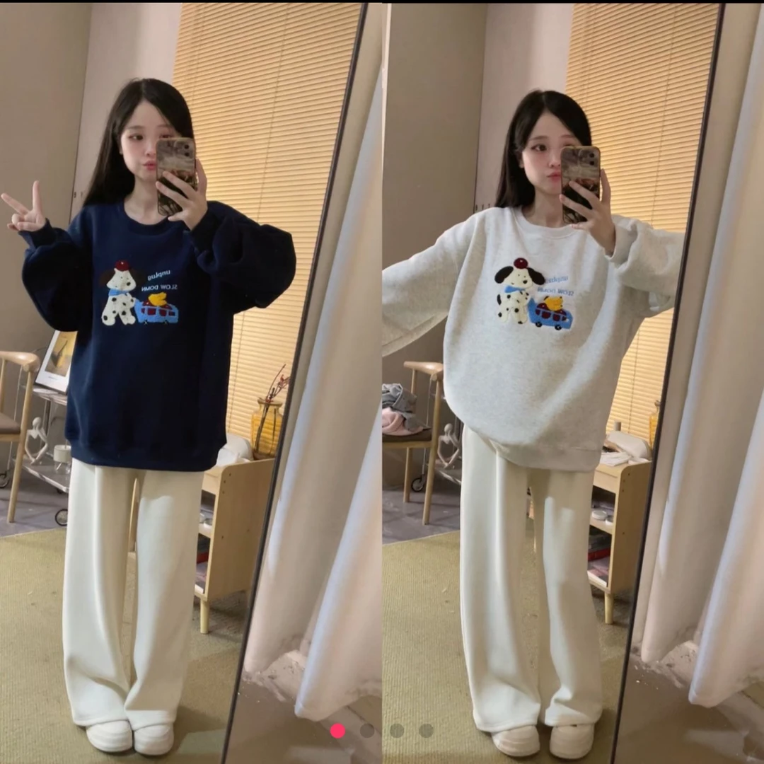 韩系慵懒立体推购物车小狗加绒卫衣