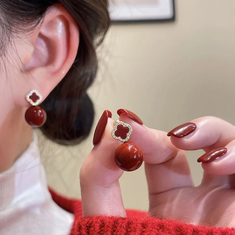 铜合金仿珍珠耳饰 【M61】气质轻奢时尚百搭复古红色耳钉 LY0515