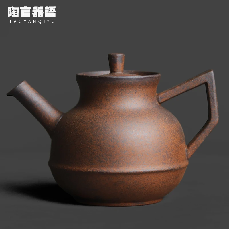 复古粗陶老岩泥君德手持茶壶功夫茶道中式禅意个性正把茶叶冲泡壶