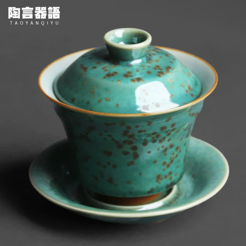 禹州钧窑马蹄三才盖碗原矿油滴天目结晶金斑宽口手抓茶叶冲泡碗