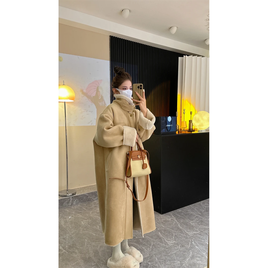 【运费险专属】冬季新款长款机车服羊羔皮毛一体环保外套大衣女骑行