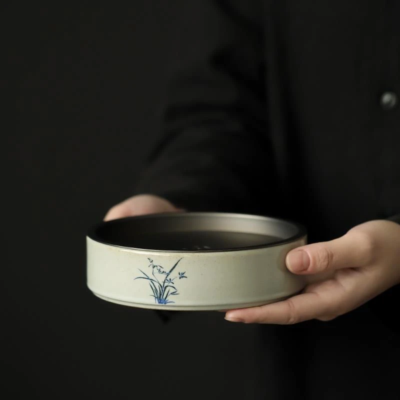 草木灰手绘壶承陶瓷圆形茶盘储水干泡小台茶壶垫中式复古茶承托盘