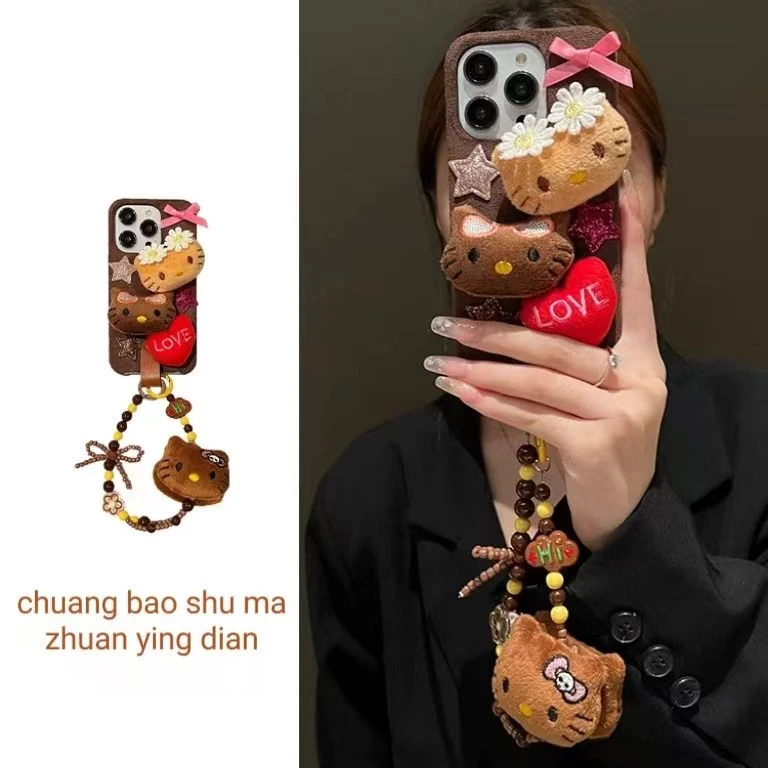 秋冬复古棕可爱美黑猫咪苹果14手机壳iPhone15手链13斜跨12防摔11
