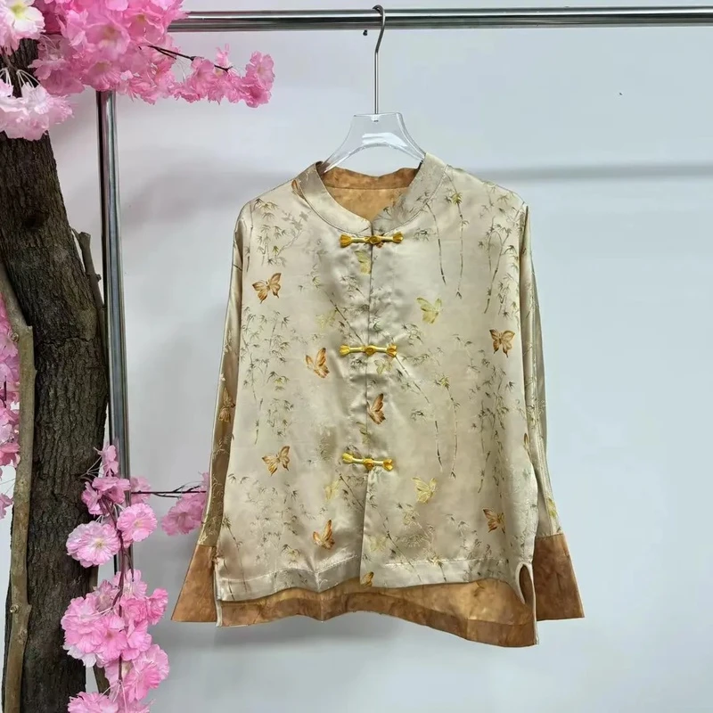 0185国风复古竹叶提花立领盘扣长袖上衣