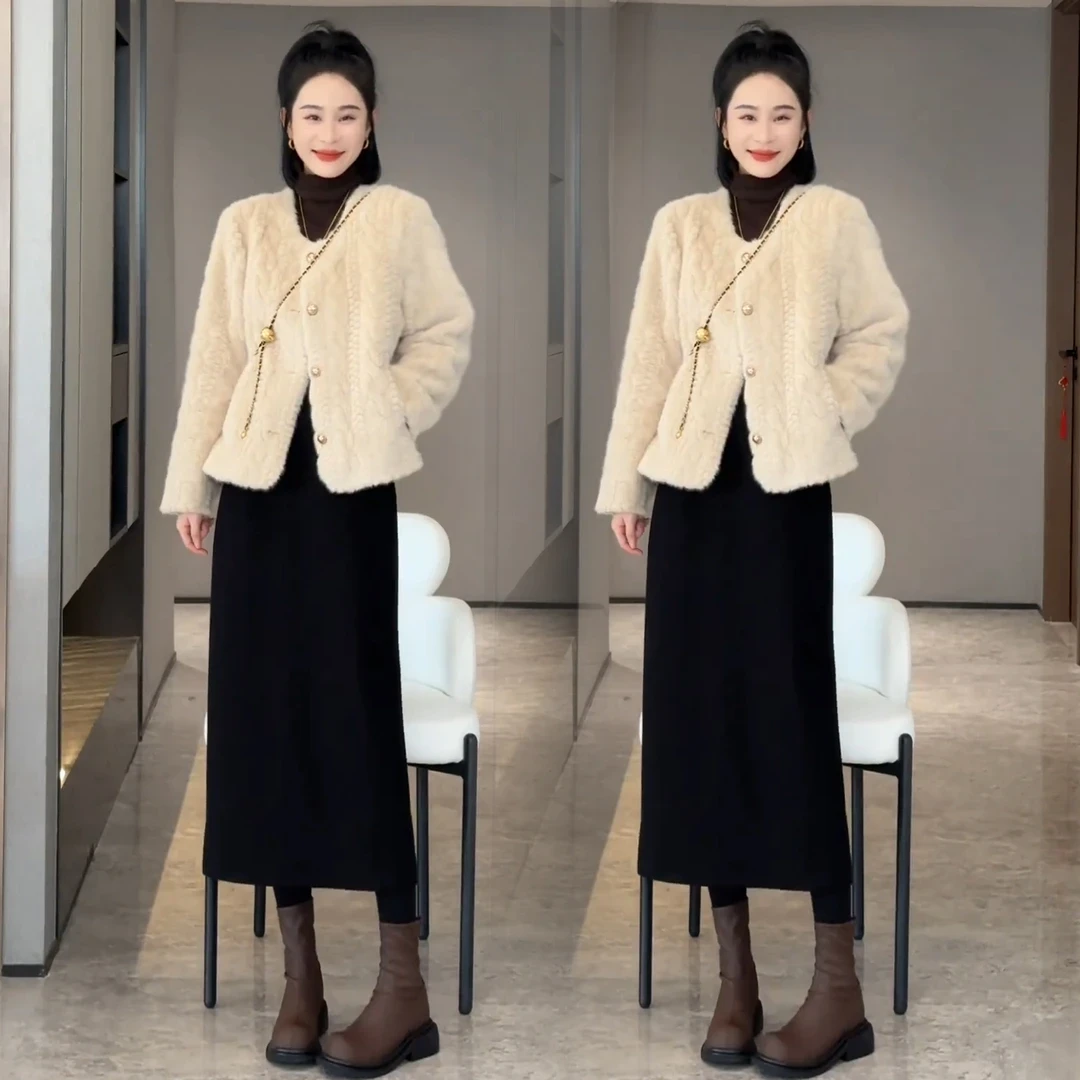 2024秋冬季时尚休闲洋气百搭加绒皮毛一体外套半身裙气质显瘦套装