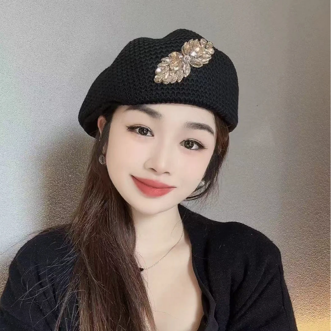 新款定型前进帽女韩版薄款春夏压褶设计透气针织百搭气质贝雷帽