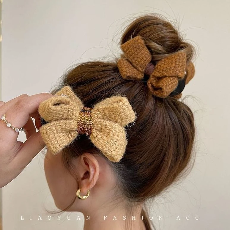 优雅毛线蝴蝶结头饰发夹女后脑勺可爱气质丸子头抓夹高级感发卡子