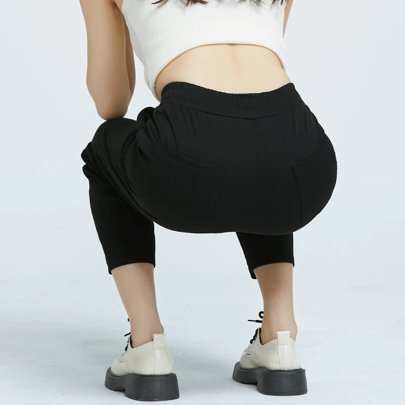 夏季天丝小直筒牛仔裤女松紧腰高弹八分裤大码微胖高腰针织四面弹