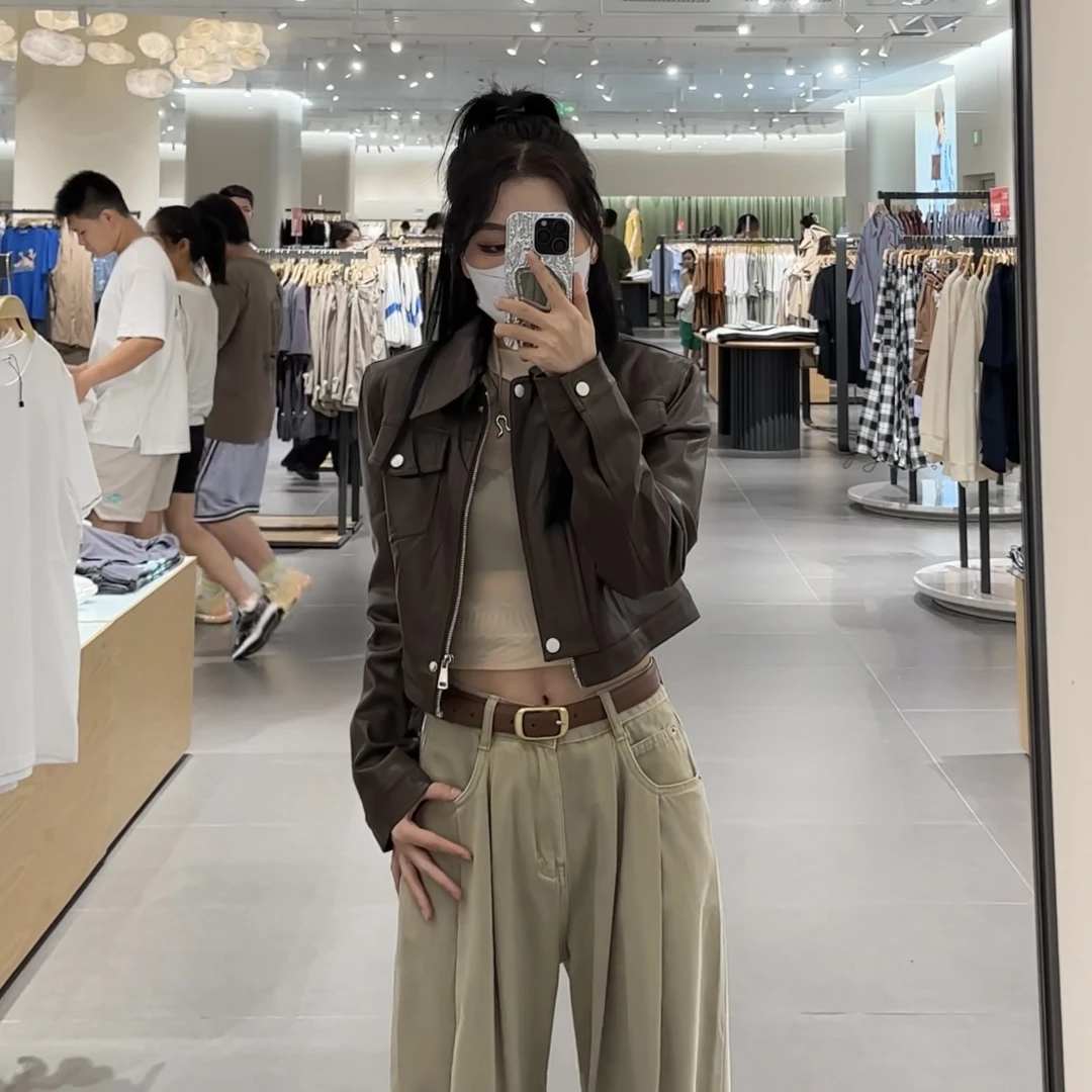2023秋装新品酷女孩腔调复古咖色皮衣外套女小个子短款皮夹克上衣