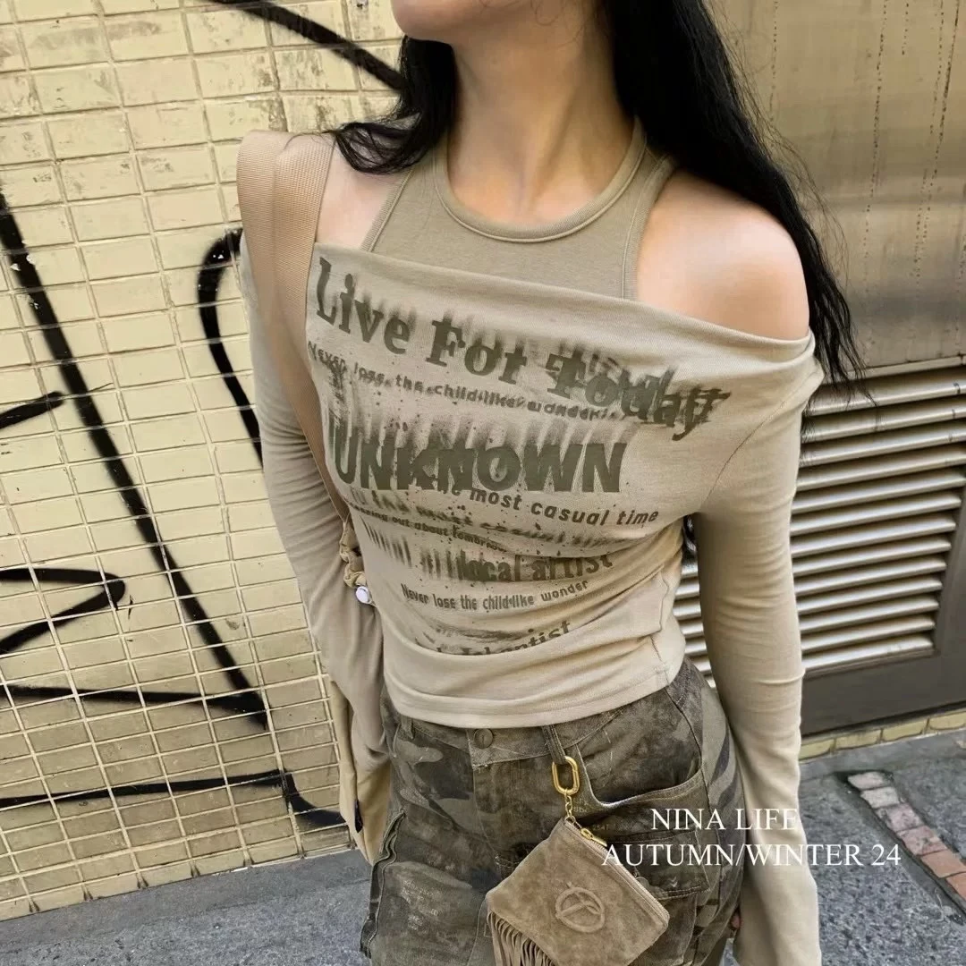 橙子·欧美风字母印花露肩修身假两件T恤上衣