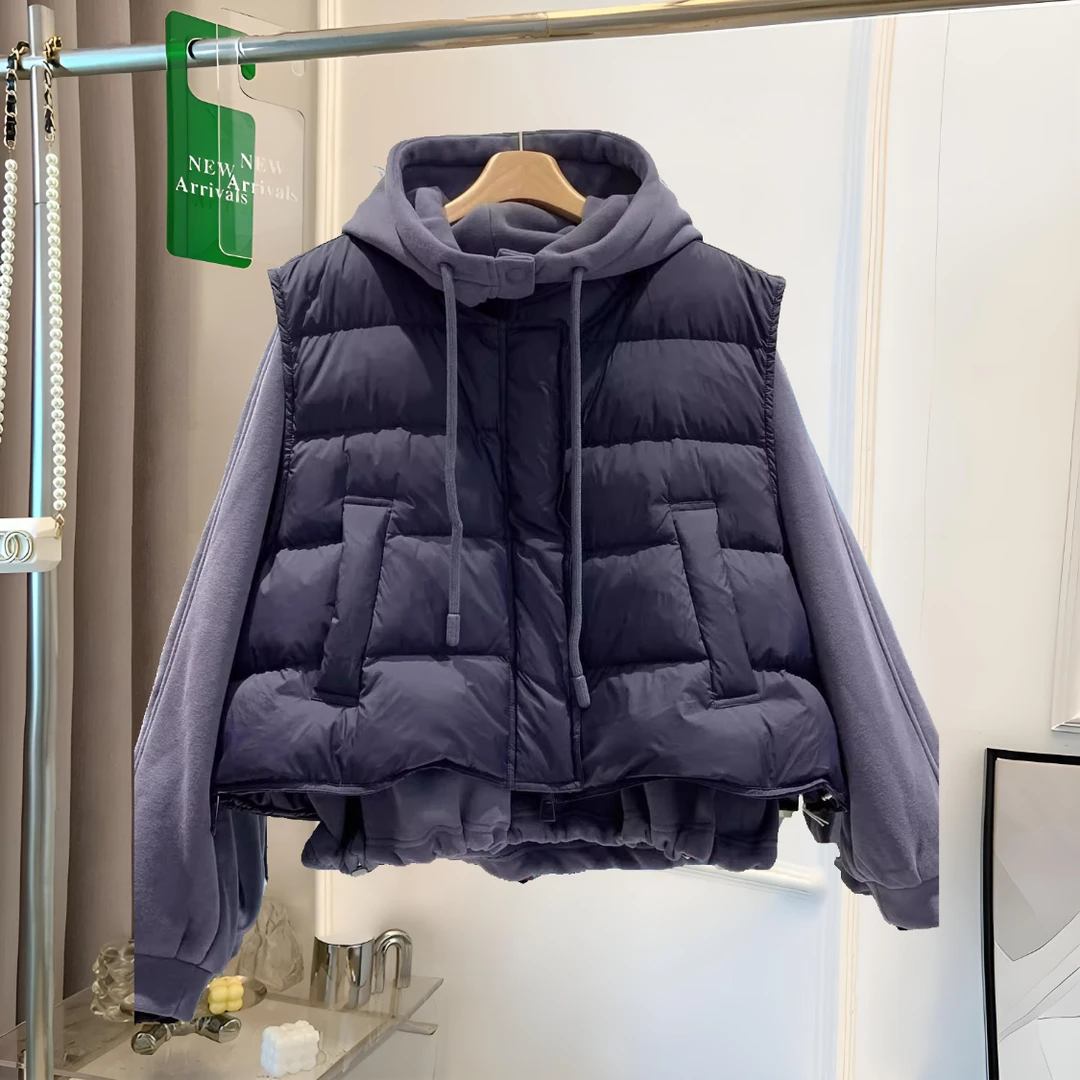 【大码套装】欧货高级感胖mm加厚棉马甲外套女+加绒连帽卫衣两件套