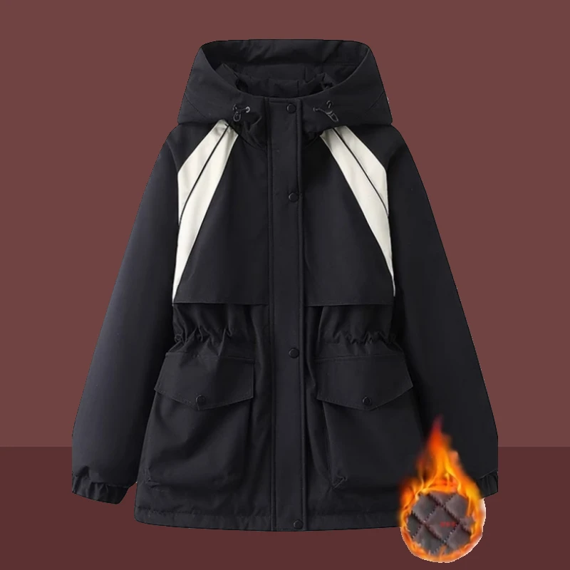 特大码300斤胖mm欧洲站时尚撞色冲锋衣女秋冬款加厚连帽棉服外套