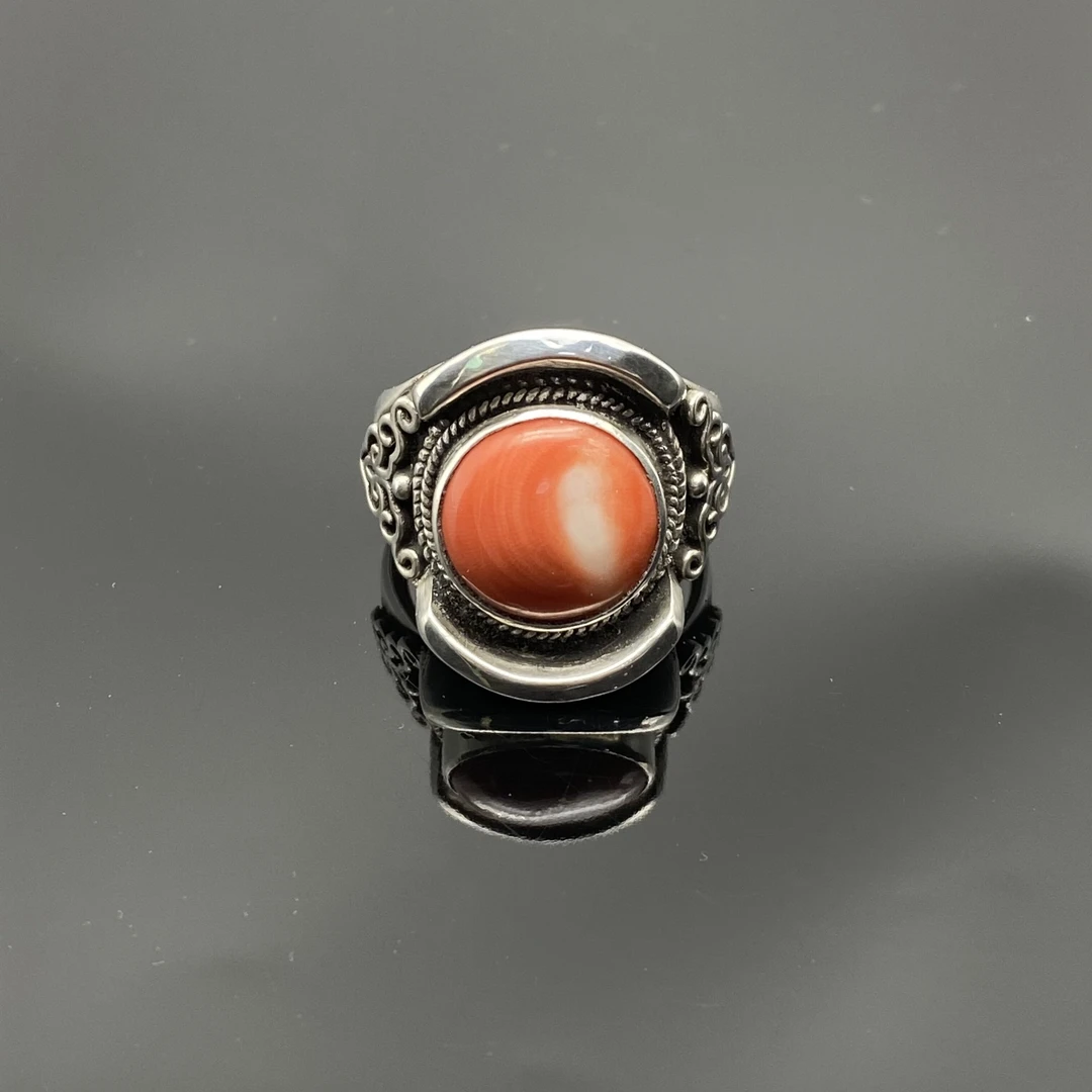 足银树脂戒指 足银戒指    民族风手工花丝做旧高马鞍镶嵌树脂